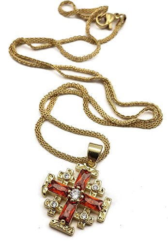 Collar con colgante de cruz de Jerusalén chapado en oro rojo granate cristal y circones rubí