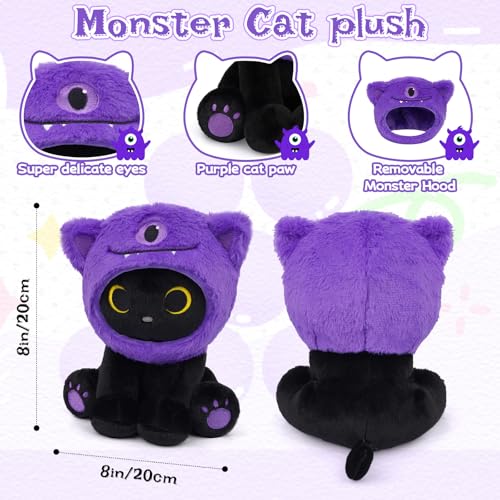 Image of Black Cat Plush Toy, 8inch Cute Stuffed Cat with Purple One-Eyed Monster Removable Hood, Soft Toy Monster Kitten Plushie Kawaii Christmas Brithday Gifts for Girls Boys