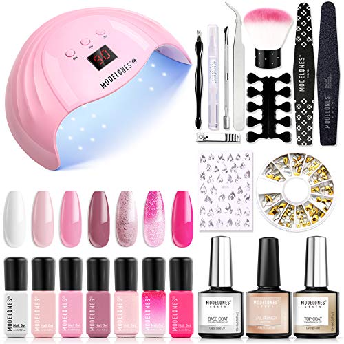 Gel Nail Polish Kit with 48W LED Light Starter Kit Modelones Gel Polish Set- 7 Colors with 10ml Nail Primer and Base Top Coat, LED Nail Lamp with Upgraded Manicure Tools