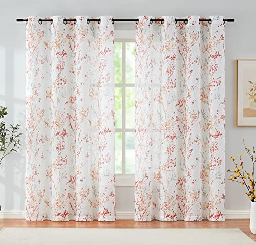 Image of Treatmentex White Semi Sheers Curtains with Red Orange Tree Branch Print Pattern Window Curtains for Living-Room 84 inch Grommet Top Privacy Curtain Drapes Watercolor Design Curtain Panels 2 pcs