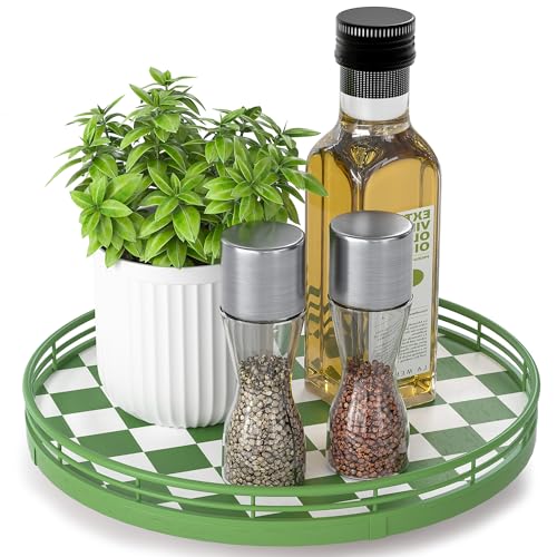 Image of Premium Rubber Wood Lazy Susan Turntable, Green White Checkerboard Decorative Serving Tray, Hand-Welded Metal Railing, Stable Rotating Organizer for Dining Table, Kitchen Counter, Coffee Table Decor