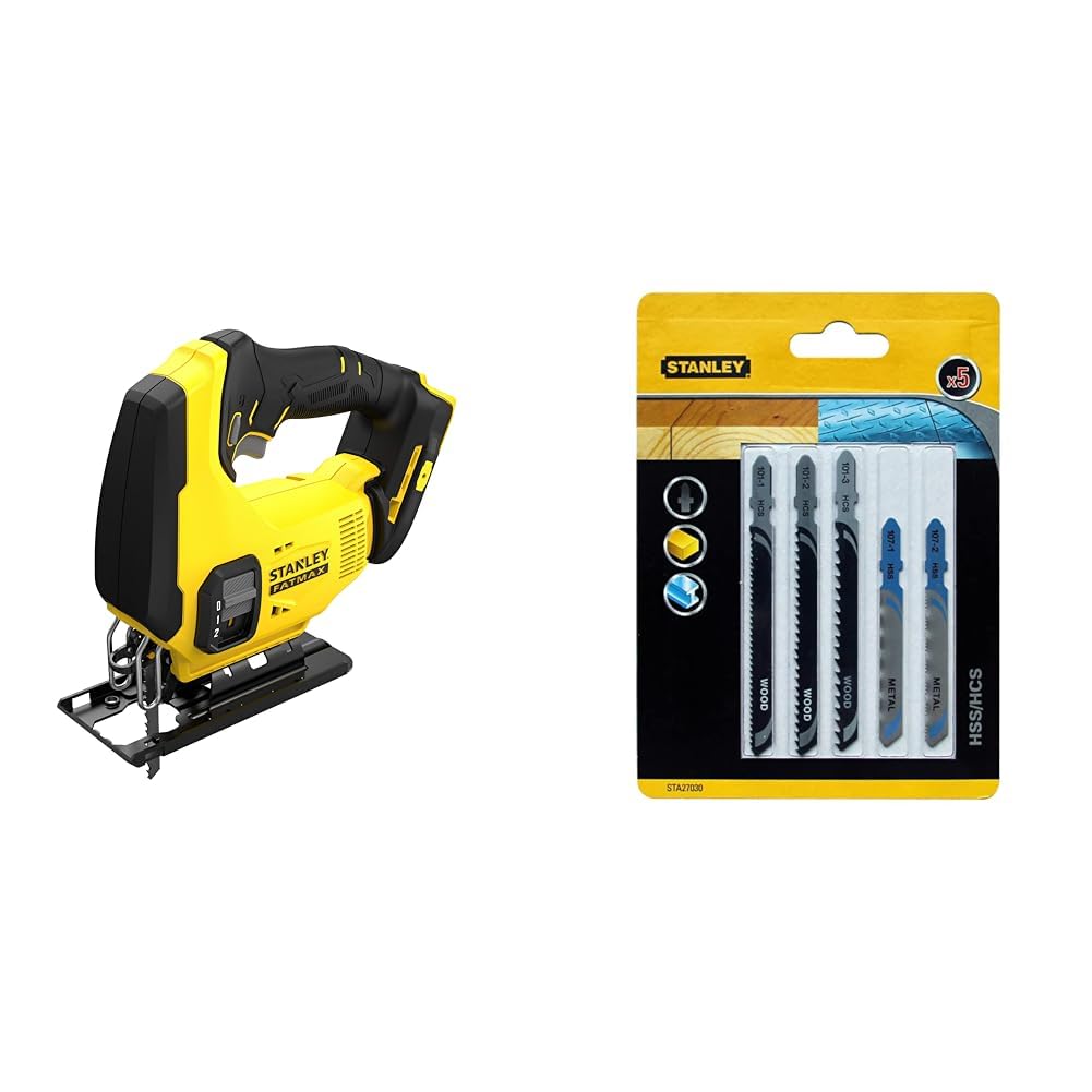 STANLEY SFMCS600B-XJ Sierra de calar V20 Lithium-Ion 18V sin batería + STA27030-XJ - Juego de 5 hojas HCS/HSS. Para distintos cortes en madera <60mm y cortes en metal 0.8mm-4mm