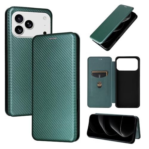 Étui iPhone 16 Plus vert en cuir à rabat magnétique et fibre de carbone