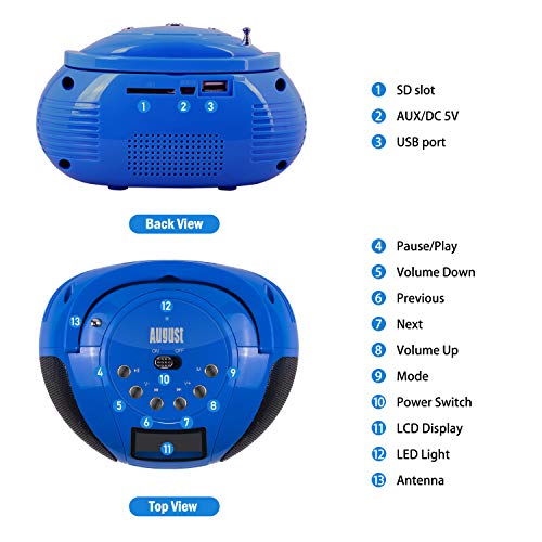 August SE20 - Mini Bluetooth MP3 Stereo - Portable Radio with Powerful Bluetooth Speakers - FM Alarm Clock Radio with SD Card Reader, USB and AUX in - Blue - Thumbnail 4