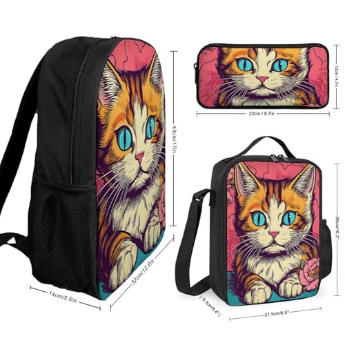 3 Piece Backpack for Women Men Lightweight Causal Daypack Shoulder Bag Set with Insulated Lunch Bag And Pencil Case Organizers Pop Art Cat2