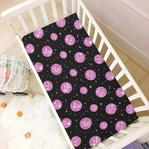 Image of Baby Crib Sheet Pink Groovy Disco Ball Crib Mattress for Boys and Girls Playard Sheet Soft Breathable Fitted Baby Mattress Cover 52x28in