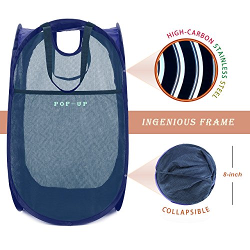 Image of HOUSE AGAIN Strong Mesh Pop Up Laundry Hamper, 70L Collapsible Laundry Basket with Steel Frame, Double‑Stitched Handles & Side Pocket, Foldable Dirty Clothes Hamper for Dorm, Bedroom, Blue