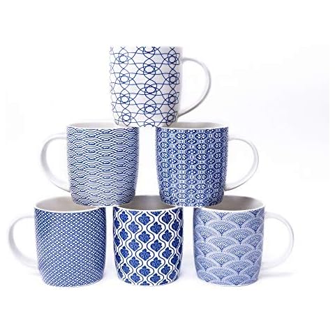 Set of 6 Coffee Mugs 340 ML/11.5 oz with Blue and White Geometric Patterns, Ceramic Tea Cup Set 6 Pack (Blue Mug Set of 6) Cover