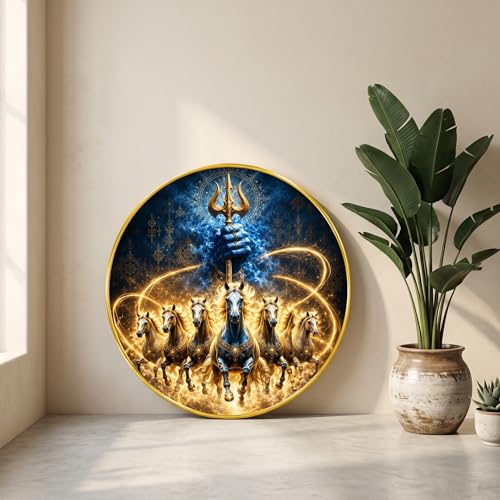 Image of SAF Lord Shiva 7 Horse Round Wall Painting with Premium PVC Golden Frame, Trishul Blue Gold Religious Art, Hindu Vastu Home Decor for Living Room Prayer Room (12 x 12 Inch) GRS-437