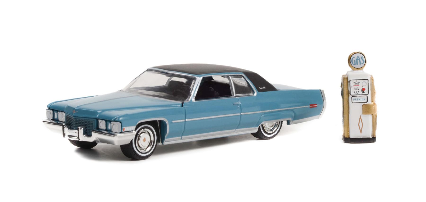 1972 Coupe deVille w/Vintage Gas Pump, Blue w/Black Top - 97130A/48-1/64 Scale Diecast Model Car