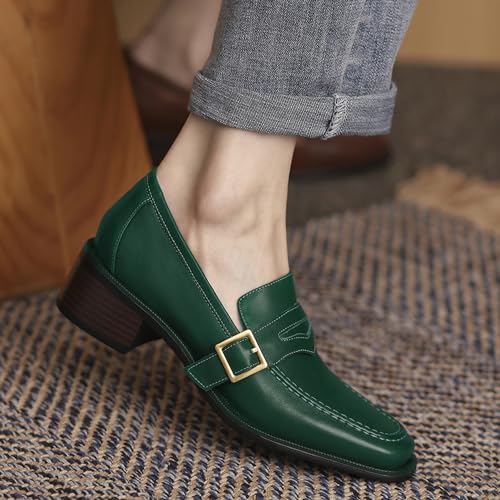 Image of MOOMMO Women Chunky Heel Penny Loafers Square Toe Buckle Slip On Comfort | Office Ladies Loafer Pumps 2 inch Stacked Block Heel Dress Loafers Oxfords Walking Dress Shoes Casual Size 4-11 M US
