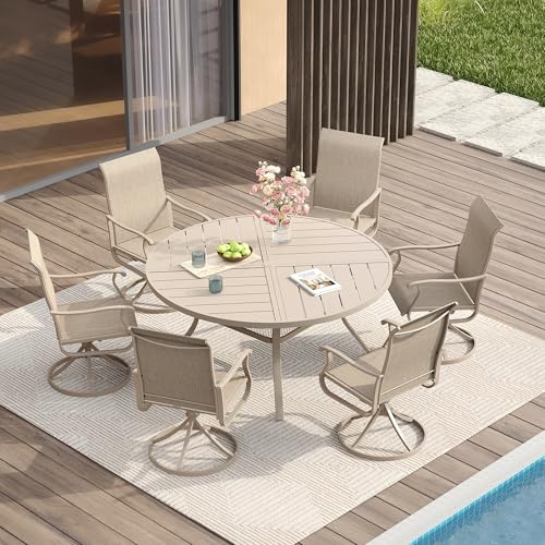 Image of VICLLAX Round Patio Table with Adjustable Umbrella Hole for 6, All Weather Metal Outdoor Dining Table for Lawn Garden, 47.2 inch Outdoor Coffee Table, Cream Color Frame