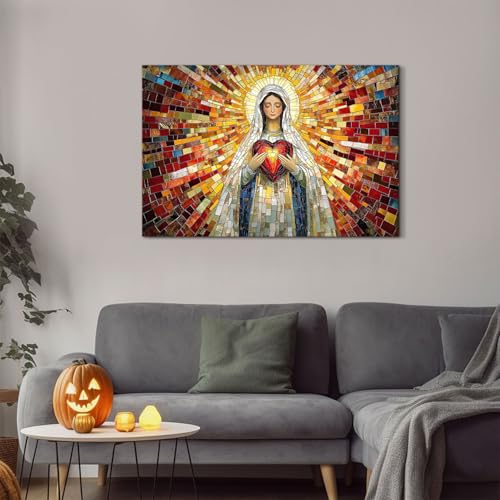 Image of Retro Christian Canvas Wall Art Jesus Virgin Mary Paintings Wall Decor for Living Room Church Decorations 24x36 inch Colorful Our Lady Holding Sacred Heart Aesthetics Posters Large Artwork Ready To Hang