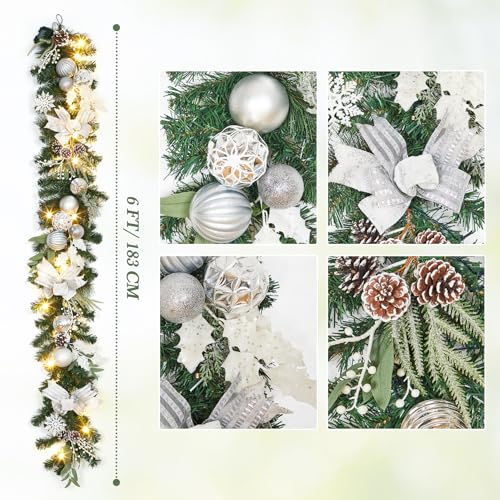 Fireplace Christmas Garland, 6 Ft Pre-Lit 20 Led Artificial Christmas Garland, Battery Operated Lighted Xmas Garland with Silver Balls, Pinecones for Front Door Holiday Decoration