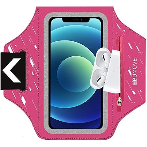 iPhone 12 Mini, 12 Armband, BUMOVE Gym Runing Sports Cell Phone Arm Band for iPhone 12 Mini/12 up to 6.1 inch with Airpods Key Card Holder (Pink) Cover