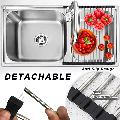 Auzeuner Roll Up Dish Drying Rack (17.7" X 15.7"), Over The Sink Drying Rack, Multipurpose Foldable Stainless Steel,Anti-Slip Silicone Dish Rack,Kitchen Gadgets For Cups,Fruits,Vegetables #TOP2