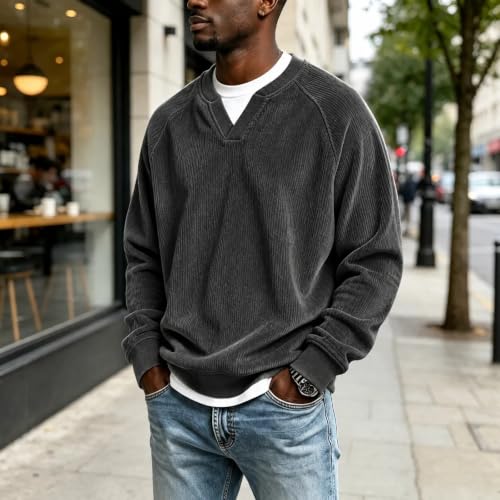 faweinjia Men's Corduroy Shirt 2 in 1 Faux Layered V Neck Shirt Fall Shirts - image 2