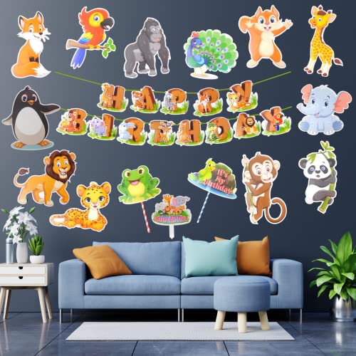 Image of Party Decorz Animal /Jungle /Safari Theme Birthday Paper Decoration Set Of 16pcs(1pcs Happy Birthday Banner +12pcs Animal Paper Cutout +2pcs Props +1pcs Cake Topper)For Kids Animal Theme Birthday Party