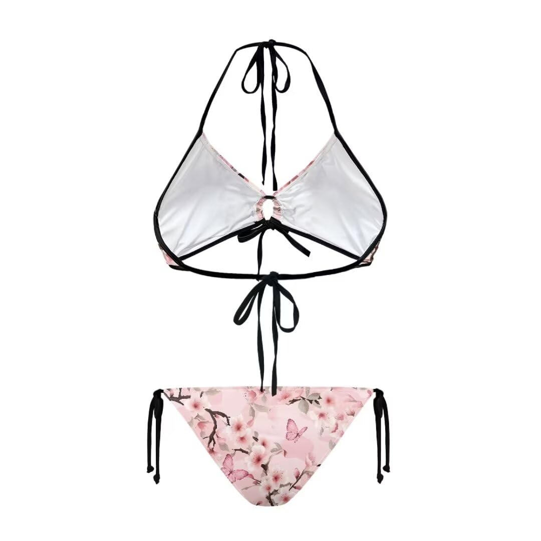 Youngerbaby Women Pink Butterfly Triangle Bikini Sets,Cherry Blossom Sexy 2 Piece Bathing Suits String Bikini Swimsuit Plus Size XL