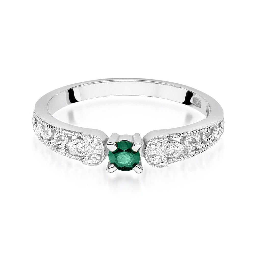 Sakrami Anillo de mujer de oro amarillo o blanco de 14 quilates con esmeralda natural de 0,15 ct y diamantes, anillo elegante con grabado para compromiso, San Valentín, aniversario (blanco, 22)