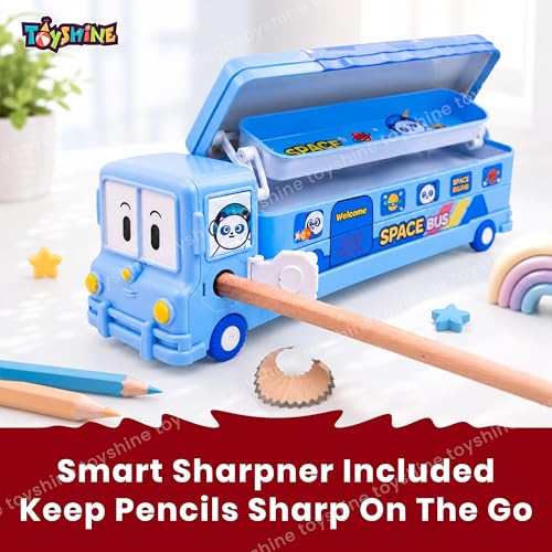 Image of Toyshine Cartoon Printed School Bus Matal Pencil Box with Moving Tyres and Sharpner for Kids - Blue