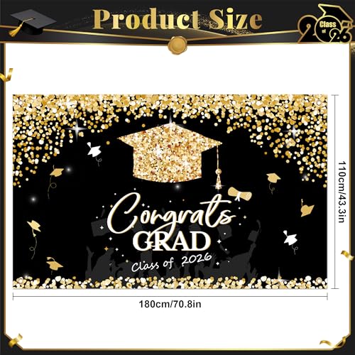 Image of PARTY KNIGHT Graduation Decorations 2026 - Black and Gold Graduation Backdrop and Congrats Grad Banner Class of 2026 Graduation Party Supplies Decor
