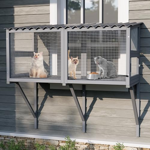 Dephet Cat Catio, Cat Window Perch for Large Cats - Catio Outdoor Cats Enclosure Windows, Patio Window Box Hommock for Sunbathing, Napping, Outside Wooden Catios for Indoor Kittens (Gray)
