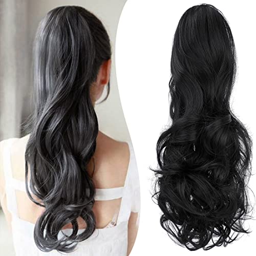 Mitrygreen Claw Clip Ponytail Extension 18" Clip in Wavy Ponytail Hair Extensions Long Pony Tails for Women Extensions Dark Black Wave Hairpiece