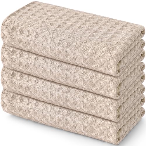 Homaxy Microfiber Waffle Weave Kitchen Towels, 4 Pack, Beige