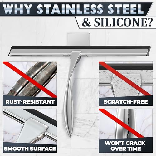 Image of Shower Door Squeegee with Hook - 14 inch Silicone Blade, Stainless Steel Squeegee for Shower Glass with Adhesive Mount - All-Purpose Bathroom Tile, Mirror, & Window Wiper for Streak-Free Cleaning (Silver)