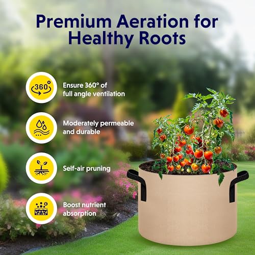 Image of iPower 5 Pack 25 Gallon Tan Grow Bags, Garden Planting Nonwoven Fabric Pots with Reinforced Handle, Heavy Duty and Aeration Planter Pot for Tomato, Fruits, Vegetables and Flowers