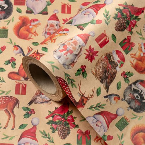 WRAPAHOLIC Kraft Animal Christmas Wrapping Paper - 17 Inch x 16.5 Feet - Adorable Cartoon Animal with Santa Hat Wrapping Paper for Christmas, Holiday, Party Celebration