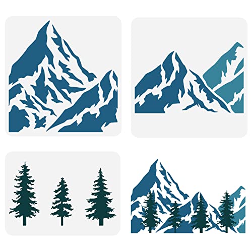 FINGERINSPIRE 3PCS Montagne et Arbre Pochoir - 3 Styles, 2 Tailles, Réutilisable pour Vallée, Pins, Artisanat - Pour Mur, Tuiles, Tissu, Meubles, Décor...