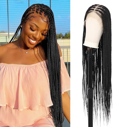 Fecihor 360° HD Full Lace Knotless Braided Wigs for Women Box Braid Wig with Baby Hair Premium Synthetic Natural Looking Black Braided Lace Front Wigs 36 Inch