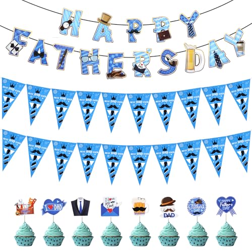 Las decoraciones para el día del padre incluyen 20 banderas de 10 m, 1 banderín para el día del padre, 8 adornos para cupcakes del día del padre para decoración de tartas del día del padre feliz