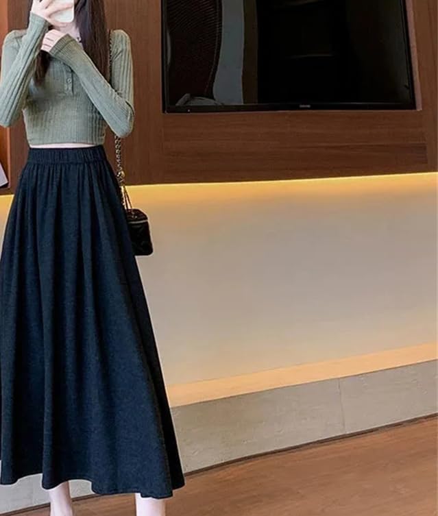 Women Autumn Vintage Knitted Long Skirt Women Elastic High Waist Pocket Midi A-Line Loose Skirt4