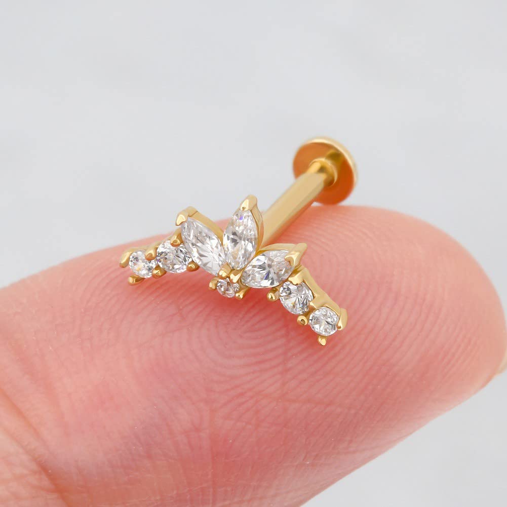 OUFER 9ct Gold Ohrpiercing Helix Piercing Conch Ring 16G Sparkly CZ Internally Thread Flat Lippe Lippenpiercing Labret Tragus Ohrringe Ohr Studs Cartilage Knorpel Ohrstecker Schmuck Women