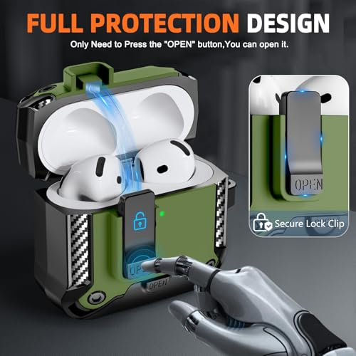 Image of for AirPods 4 Case with Lock & Phone Stand(Dark Green) | Automatic Snap Switch Lock,Carbon Fiber Texture Design Cover with Cleaner Kit