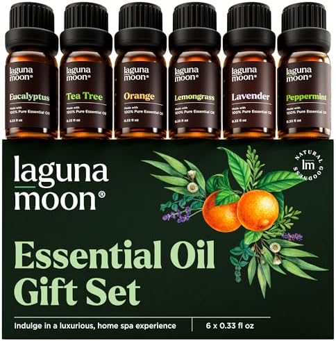Lagunamoon Essential Oils Aromatherapy Set - 6 Oils for Diffusers, Home Care, Candle Making Scents, Fragrance, Humidifiers, Gifts - Peppermint, Tea Tree, Lavender, Eucalyptus, Orange (10mL)