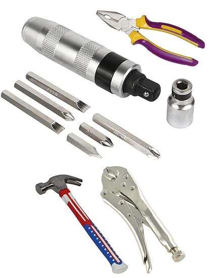 Digital Craft Combo of 4 Items Impact Screwdriver Set Multi-Purpose Chrome Vanadium Steel Portable Screw Driver Chisel Bits Professional Tools with Lock Plier Plier & Hammer 2
