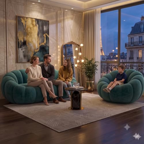 Image of CRAFTCITY Pumpkin Style Wooden Sofa | Contemporary Wool Sofa with Swen Pillow Back for Living Room (Sea Green, 4 Seater)