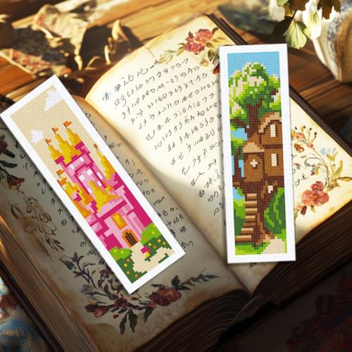 Image of INFUNLY 6 Set Fairytale Elements Cross Stitch Bookmark Kits 8 inchx2.4 inch DIY Mermaids Embroidery Bookmark Kits for Beginners with Instruction Cartoon Castle Bookmark Making Kit for Book Lovers Reader Gift