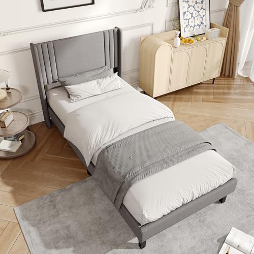 RXMORI Cama tapizada de 90 x 200 cm, marco de cama con cabecero de láminas, cama infantil, cama individual, marco de cama estable de tela para adultos y jóvenes (gris, 90 x 200 cm)