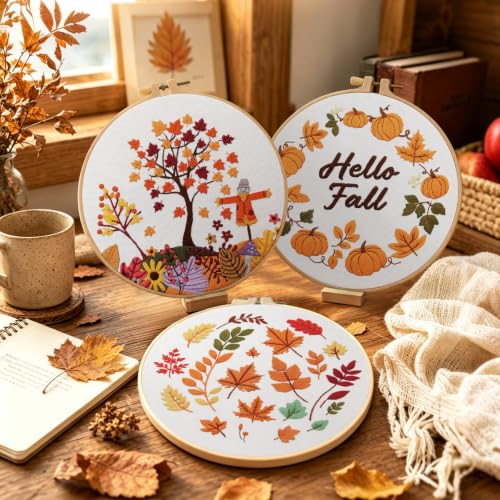 Image of 5 Sets Fall Embroidery Kits for Beginners, Autumn Pumpkins and Maple Leaves Embroidery Starter Kit for Adults Thanksgiving Gifts with Stamped Pattern DIY Needlepoint Kit Cross Stitch Set with 2 Hoops