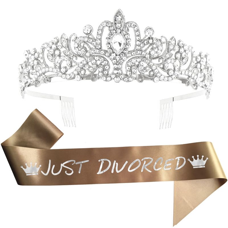 Just Divorced Sash Crystal Crown Set Silvery Funny Divorcee Divorced Gifts for Women, Happy Divorce Party Decorations