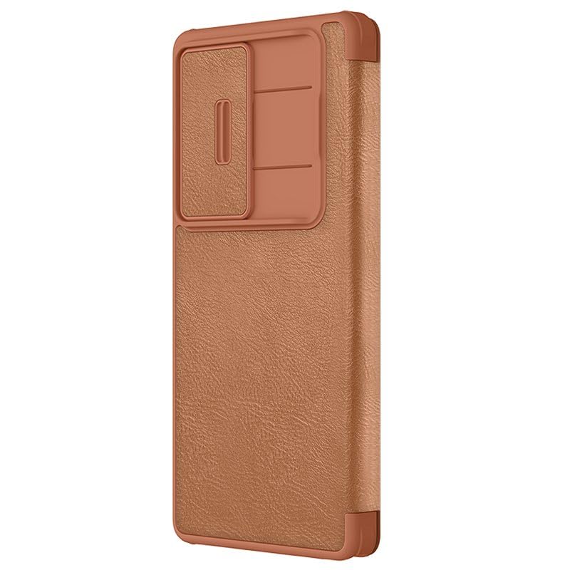 Image of Nillkin Case for Samsung Galaxy S25 Ultra (6.8 inch Inch) Qin Pro Camshield Camera Slider Genuine Classic Leather Flip Folio + Card Slot Brown Color