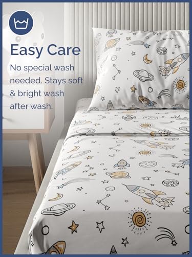 Image of Kids Full Size Outer Space Bed Sheets - 4 Piece Kids Outer Space Sheet Set | Outer Space Themed Bedding, Ultra-Soft, Cute & Cozy, Breathable & Machine Washable, Bed Set for Boys, Girls & Teens & Cooling