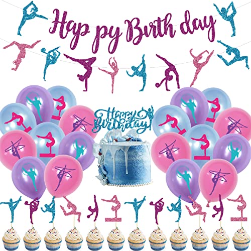 Gymnastics Birthday Party Decorations Set with Gymnastics Birthday Banner Garland Cake Topper Gymnastics Party Latex Balloons for Girls Kids Gymnastics Theme Baby Shower Dance Party