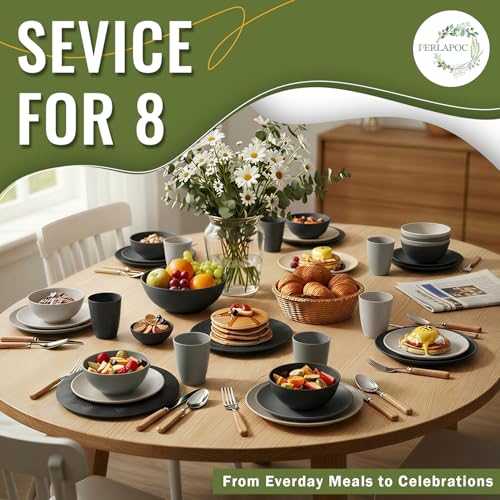 Image of Wheat Straw Dinnerware Sets 40 PCS - Unbreakable Plates and Bowls Sets for 8,Party Kitchen Camping RV Dishwasher & Microwave Safe Modern Lightweight Dishware Sets - Black Grey
