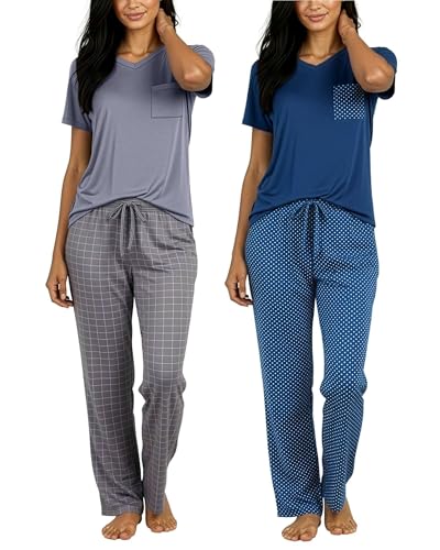 Real Essentials 2 Pack: Women's Comfy Pajama Sets - Short & Long Sleeve Ladies Loungewear Sleepwear PJs (Set F Gray & Navy, Medium)